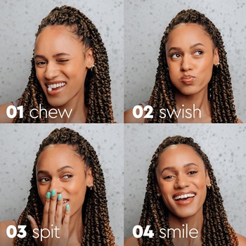 A woman in front of a mirror shows how to use Boka Mouthwash Tablets in a four-photo sequence.