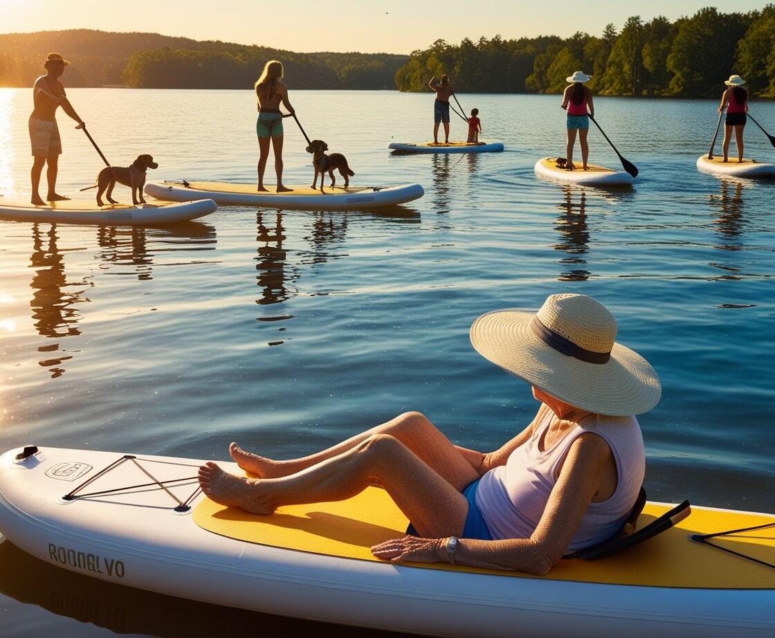 An elderly woman sitting on a paddle board, while a group of teens and young adults paddleboard in the distance on a calm body of water.