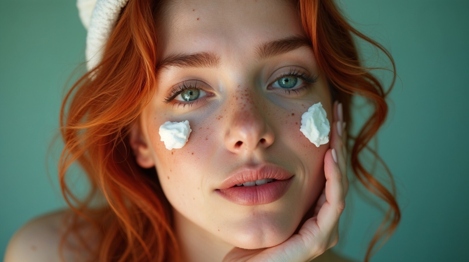 A young redhead with glowing skin and a dollop of natural face moisturizer on each cheek, radiating a fresh, healthy look.