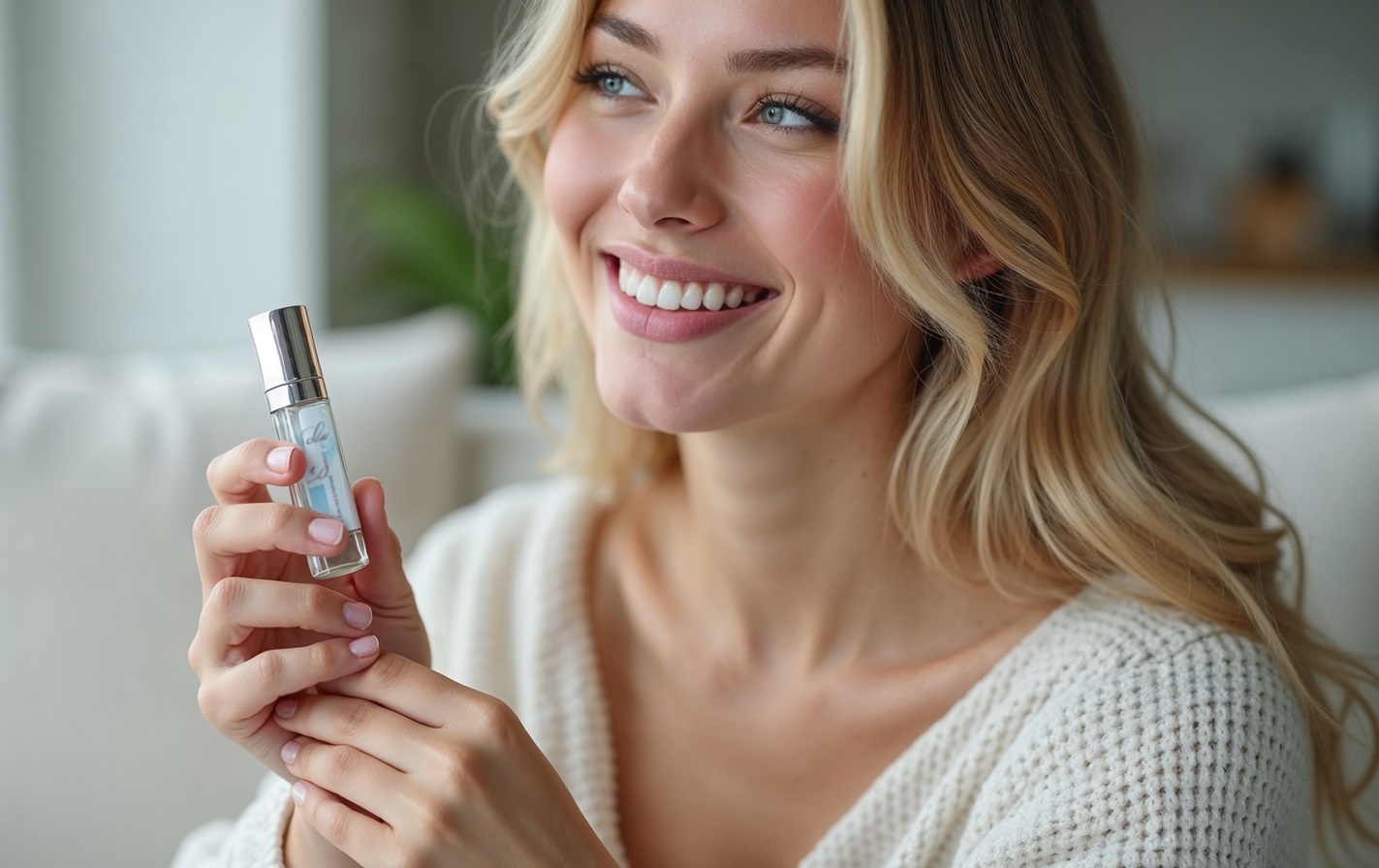 A young blonde woman holding an essential oil roll on in one hand. She looks calm and relieved, like she’s finally feeling better after a rough headache.